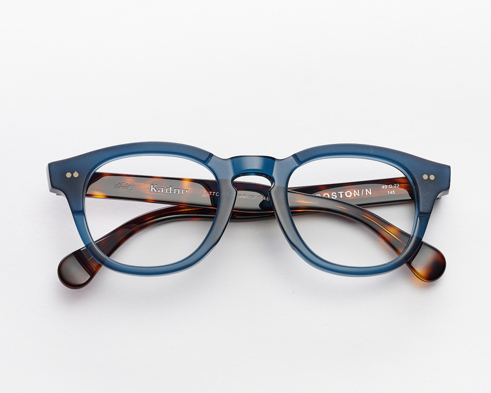 Classic blue Boston model eyeglasses, Havana temples