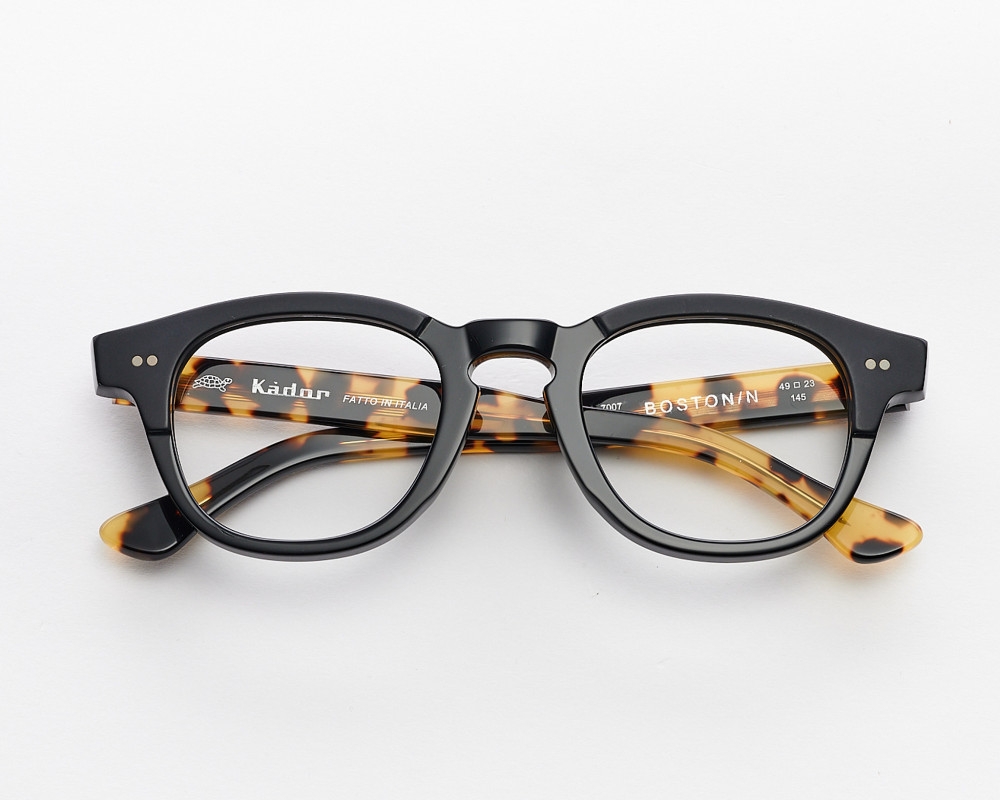 Classic black Boston eyeglasses with spotted havana temples