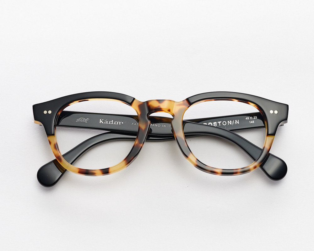 Classic black Boston eyeglasses with spotted havana temples