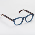 Classic blue Boston model eyeglasses, Havana temples