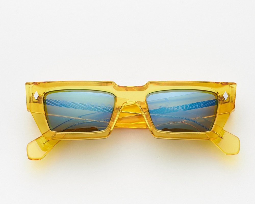 Yellow rectangular Disko sunglasses with blue lenses